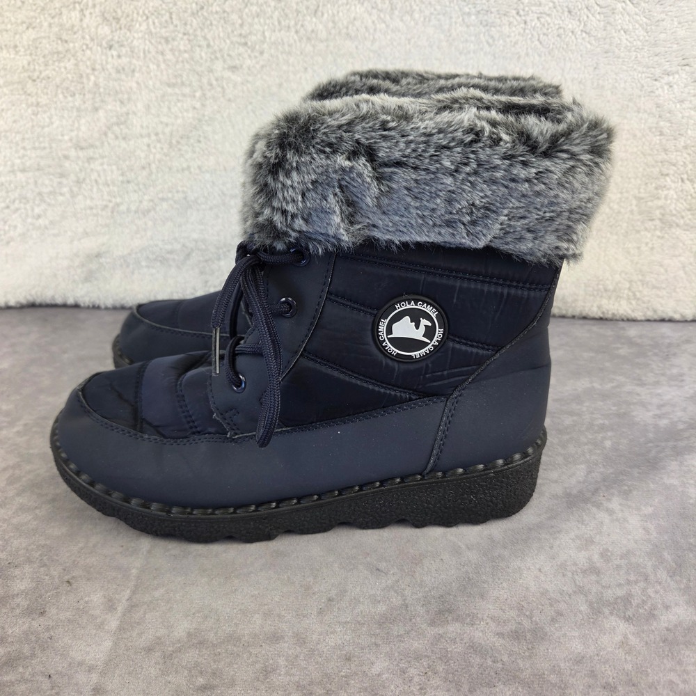 Hola Camel Navy Blue Quilted Faux Fur Trim Snow Boots Size 41 Ankle Puffer Boots
